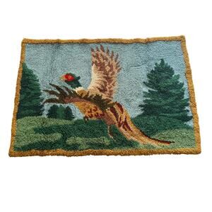 Vintage Hand Hooked Rug Pheasant Bird Cabin Lodge Primitive  Folk Art 32x46